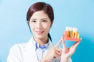 インプラントの模型をもって説明する歯科医
